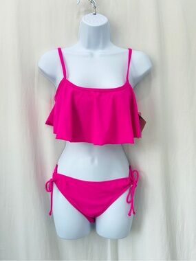 Roxy Hot Pink Ruffle 2 piece Tankini Bikini Swimsuit Top MED Bottom LG NWT M/L